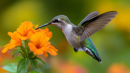 Fototapeta premium Hummingbird in Flight, Feeding on Orange Flowers, Realistic Photo