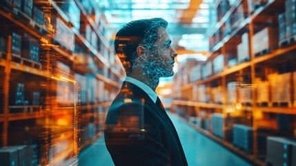 Double exposure Businessman employs machine learning algorithms to predict potential disruptions in the supply chain.