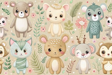 cute cartoon animals in soft pastel colors with intricate textures and patterns on a neutral background