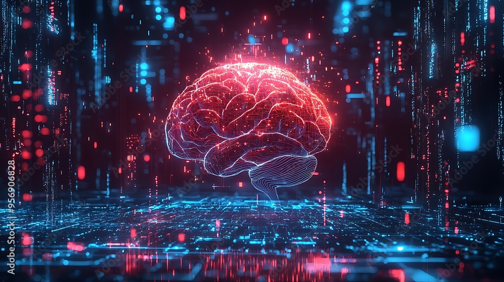 Poster a digital brain network concept represents artificial intelligence, filled with glowing neural conne