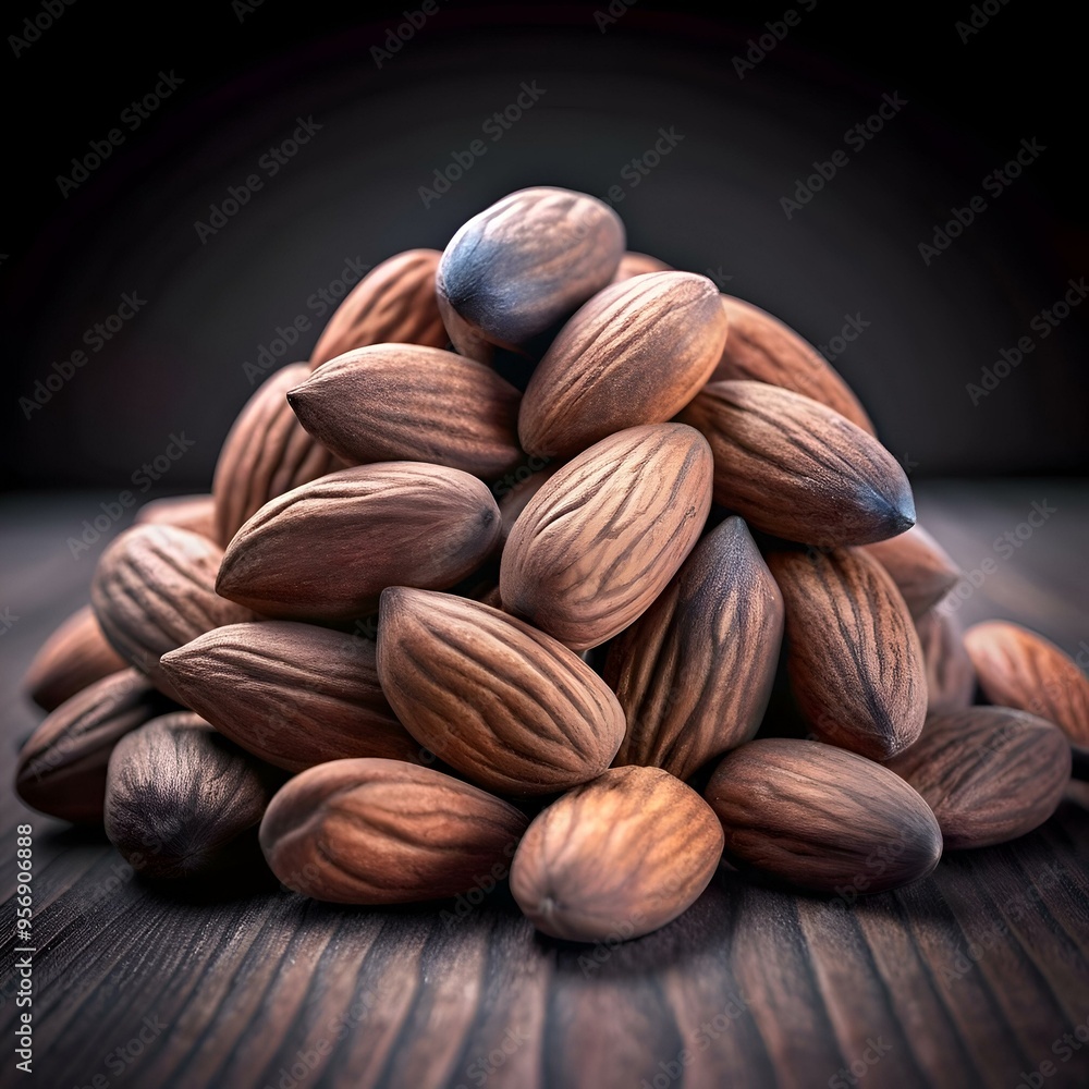 Poster a close up of a pile of almonds. captured with a sharp focus and rich depth of field.