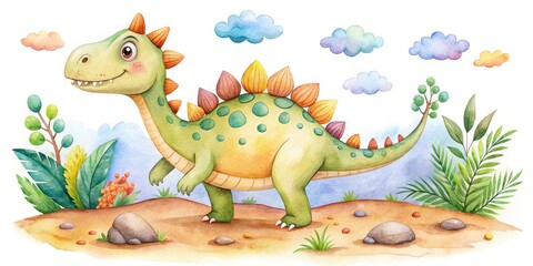 Fototapeta premium cute dinosaur silhouette whimsical hand drawn colorful watercolor illustration playful young adventurous discovery