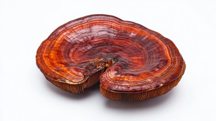 High-quality image of a Red Reishi Mushroom (Lingzhi) on a white background, showcasing its unique shape and color, perfect for herbal medicine and alternative health contexts. -