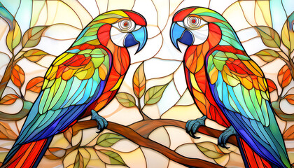 Obraz premium Stained glass depicting Macaws parrots on branch; flat lay