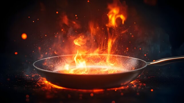 A burning pan with flames licking up the sides, urgent fire emergency, red-orange glow reflecting off metal, smoke swirling, hyper-realistic, close-up perspective, intense heat