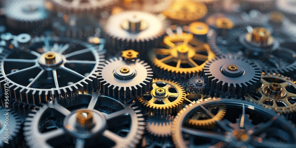 Aufkleber industrial engineering and technology concept with gears and cogs in a mechanical assembly
