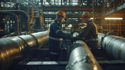 Two industrial workers in protective gear inspect large pipes in a dimly lit factory setting, emphasizing teamwork and machinery.