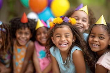 Cheerful laughing diverse children little kids on birthday party with colorful balloons