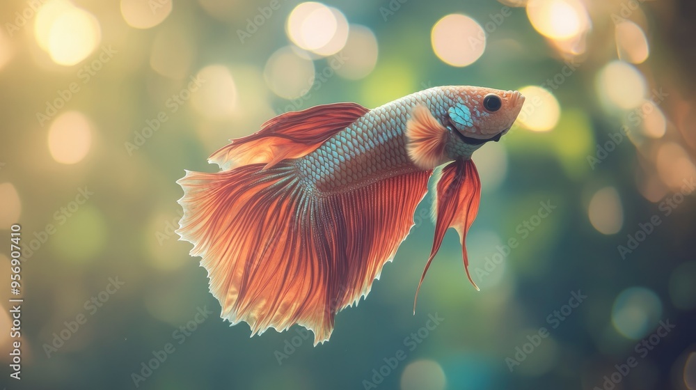 Poster high-resolution close-up of a betta fish with a dramatic display of its flowing fins and vivid color