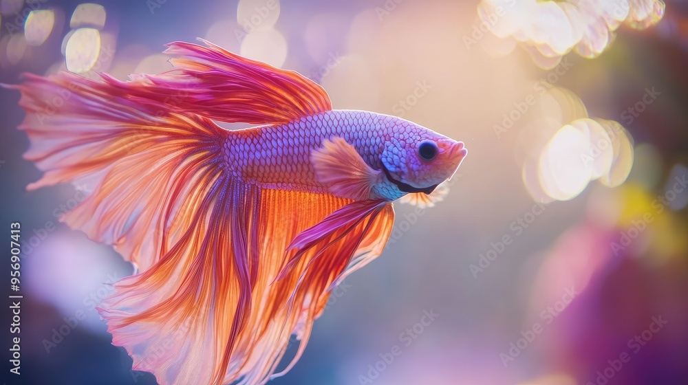 Poster high-resolution close-up of a betta fish with a dramatic display of its flowing fins and vivid color