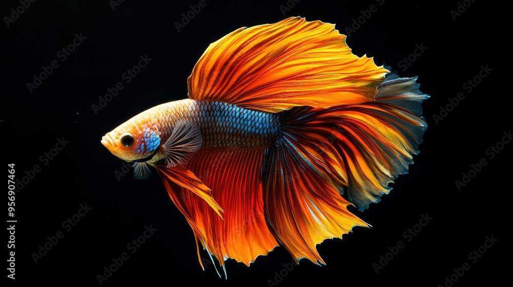 Poster high-resolution close-up of a betta fish with a dramatic display of its flowing fins and vivid color