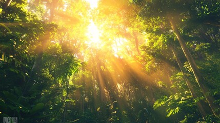 Fototapeta premium Sunlight beams through the lush canopy of a tropical rainforest, creating a magical atmosphere.