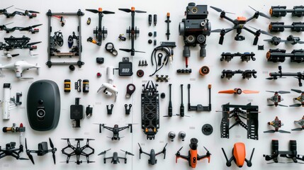 An organized layout of various drone parts and tools on a white background, illustrating the complexity and intricacy of drone technology.