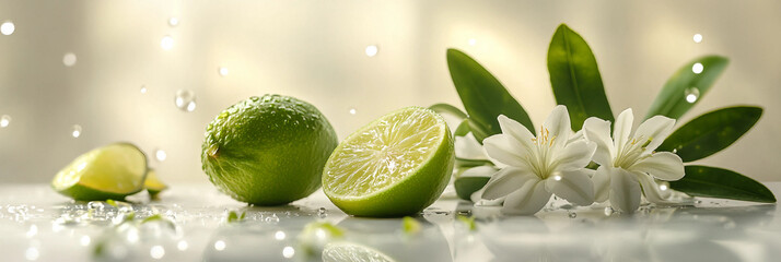 Fresh limes and lemons on table product scene background, Fruits Citrus and flowers arrangement composition, warm subtle light, water drops lime