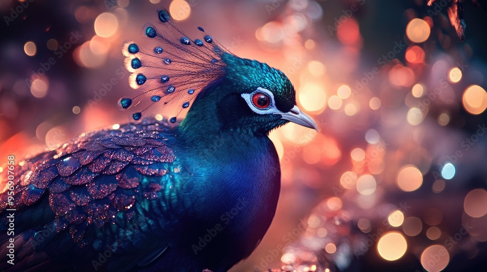 Poster high-resolution close-up of a bird with a stunning, vibrant plumage, set against a backdrop of shimm