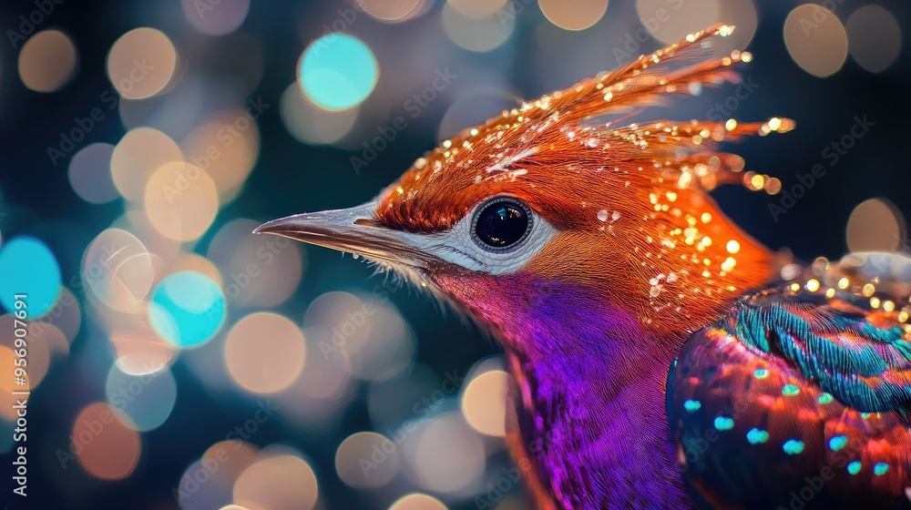 Poster high-resolution close-up of a bird with a stunning, vibrant plumage, set against a backdrop of shimm