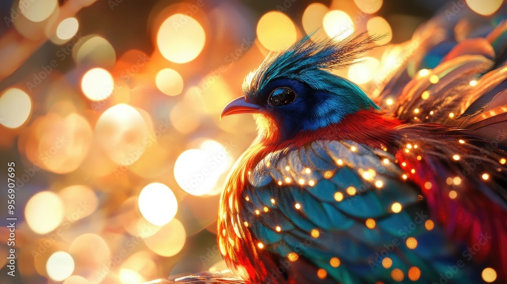 Poster high-resolution close-up of a bird with a stunning, vibrant plumage, set against a backdrop of shimm