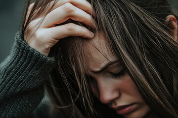 Obraz premium Lost in Thought: A close-up of a woman's face, hair framing her features as she runs her fingers through it, lost in contemplation.