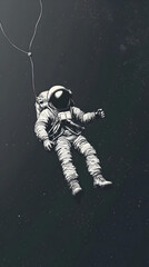 Fototapeta premium A solitary astronaut floating in the vastness, tethered by a single line.