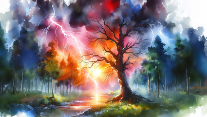 Fototapeta premium Watercolor painting of a lone pine tree standing on a lake shore with lightning.