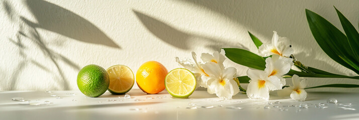 Fresh limes and lemons on table product scene background, Fruits Citrus and flowers arrangement composition, warm subtle light, water drops lime