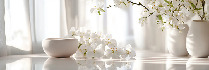 White bowl on a white countertop with flowers around it, white bathroom interior product scene photography