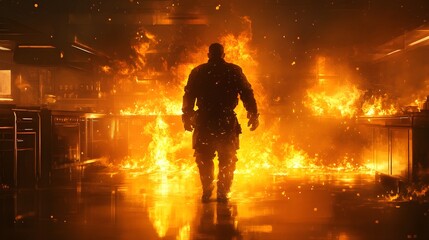 A cook battling fire and smoke in a chaotic kitchen, flames reflecting off metal surfaces, deep shadows, steampunk aesthetic, high detail, oil painting style