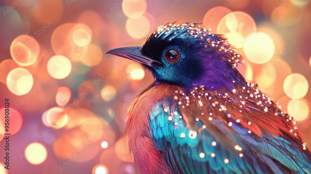Poster high-resolution close-up of a bird with a stunning, vibrant plumage, set against a backdrop of shimm