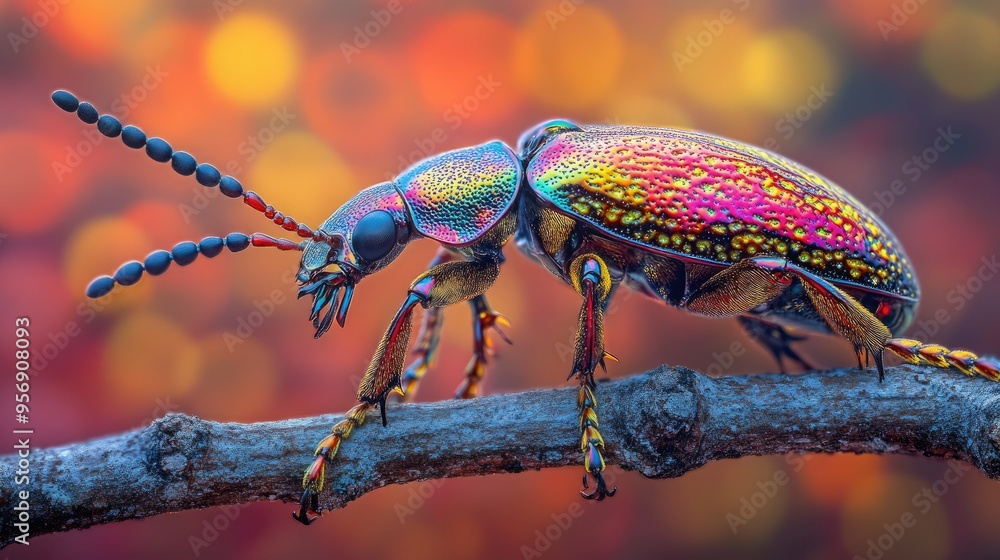 Poster high-resolution close-up of a colorful beetle on a branch, highlighting its vivid patterns and gloss