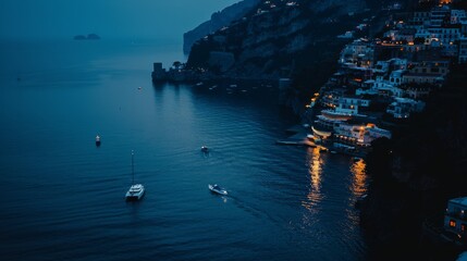Obraz premium Nighttime view of coastal cliffs adorned with glowing buildings, reflecting warmly in the calm sea as boats drift in the tranquil water.
