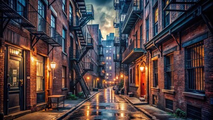 Dark and gritty urban alleyway in the heart of Manhattan, lined with worn brick buildings, rusty fire escapes, and a canopy of twinkling city lights.