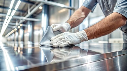 Polished metal surface being wiped clean with a white cloth, revealing a mirror-like finish and subtle scratches, against a blurred grey industrial background.