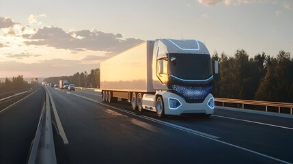 Obraz premium Futuristic Self-Driving Truck on Highway with Active Sensors for Long-Distance Automated Transport