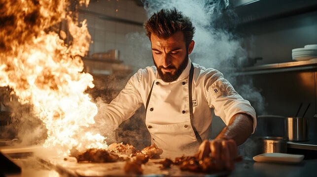 A fearless chef crafting gourmet dishes in a blazing kitchen, fire licking at the edges, smoke swirling around, yet focused and determined