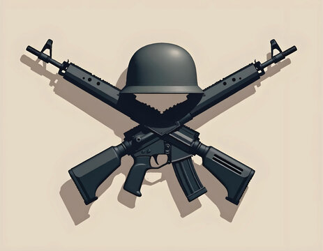 a simple vector illustration of two black rifles gun crossed with a military helmet on it
