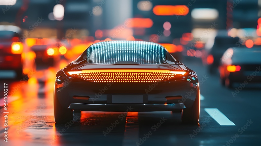 Poster futuristic autonomous car merging into seamless traffic with sensors