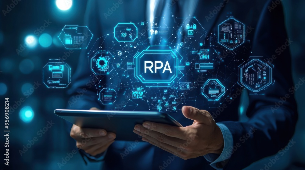 Poster businessman using tablet to interact with rpa technology, showcasing automation and digital transfor