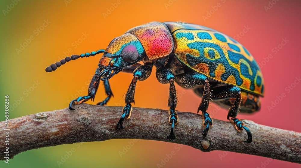 Poster high-resolution close-up of a colorful beetle on a branch, highlighting its vivid patterns and gloss