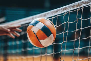 A volleyball collides with the net, illustrating the excitement of the game. This image captures sports action in a gym. Perfect for promoting volleyball events. Generative AI