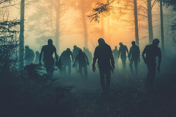 Fototapeta premium A Silent March: Undead figures navigate a misty forest path, their silhouettes a haunting testament to the apocalypse's grip.