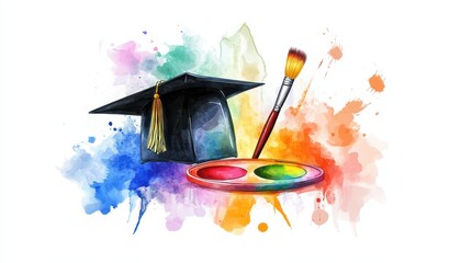 Creative Education Journey: Watercolor Art of Paintbrush, Palette, and Graduation Cap