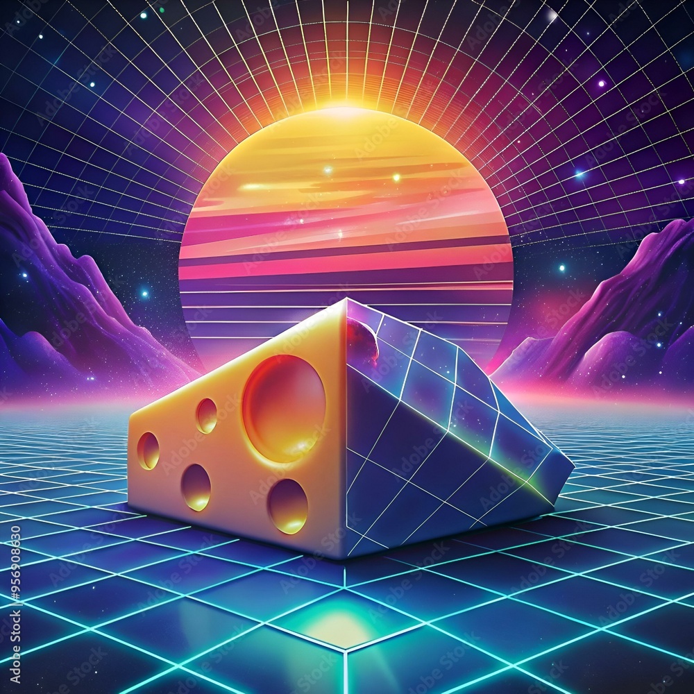Poster a retro futuristic 3d illustration of a wedge of cheese in a synthwave setting. perfect for adding a