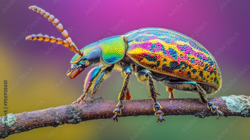Poster high-resolution close-up of a colorful beetle on a branch, highlighting its vivid patterns and gloss
