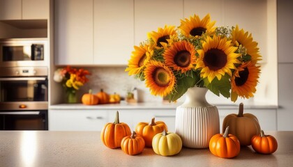 Sunflowers and pumpkins on the kitchen counter. Autumn kitchen arrangement