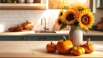 Sunflowers and pumpkins on the kitchen counter. Autumn kitchen arrangement