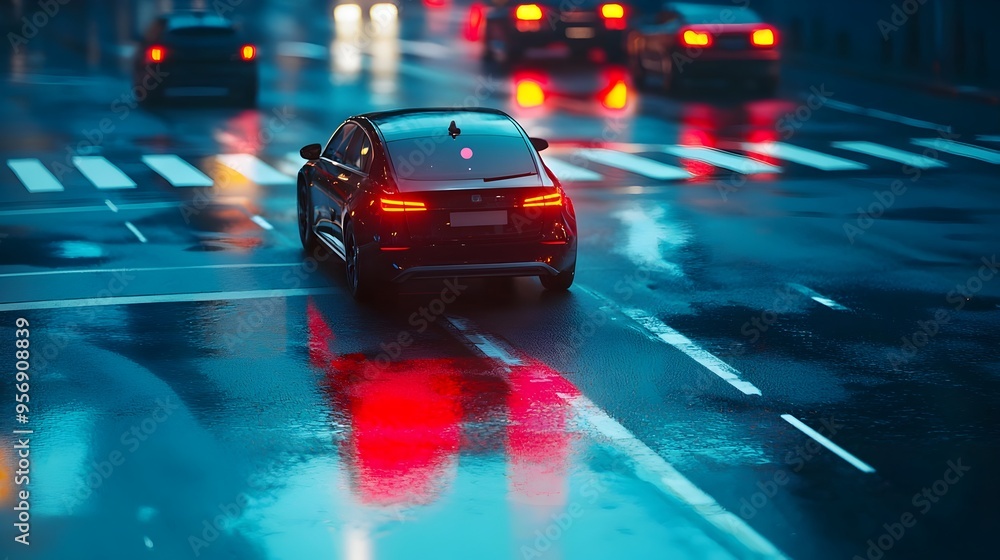 Poster autonomous self-driving car stopping at red traffic light with sensors