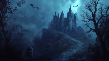 Creepy Castle on a Hill surrounded by a dark forest with thunder , halloween background concept.
