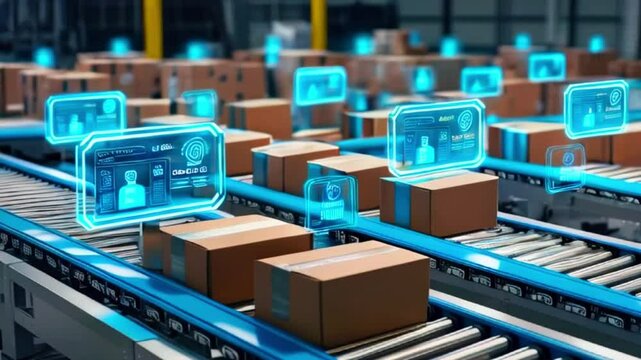 Boxes on conveyor belt with futuristic digital displays showing information about each item.