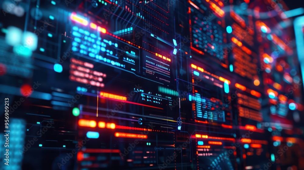 Poster vibrant digital interface with glowing circuits and data streams, representing technology and innova