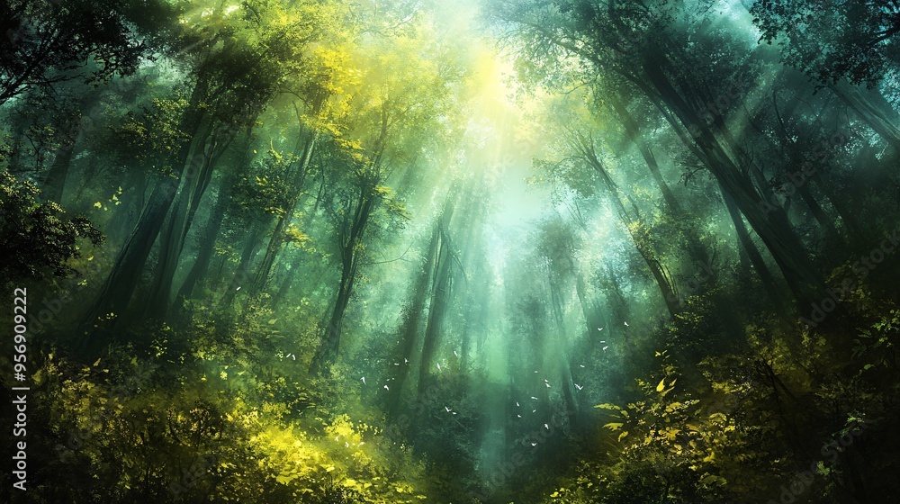 Poster sunlight streams through the canopy of a lush, green forest, creating a mystical and ethereal atmosp